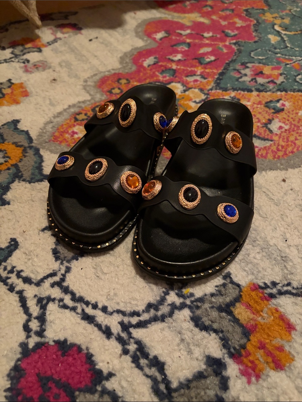 BAMBOO Black Slide Sandals with Blue and Amber Gem Accents